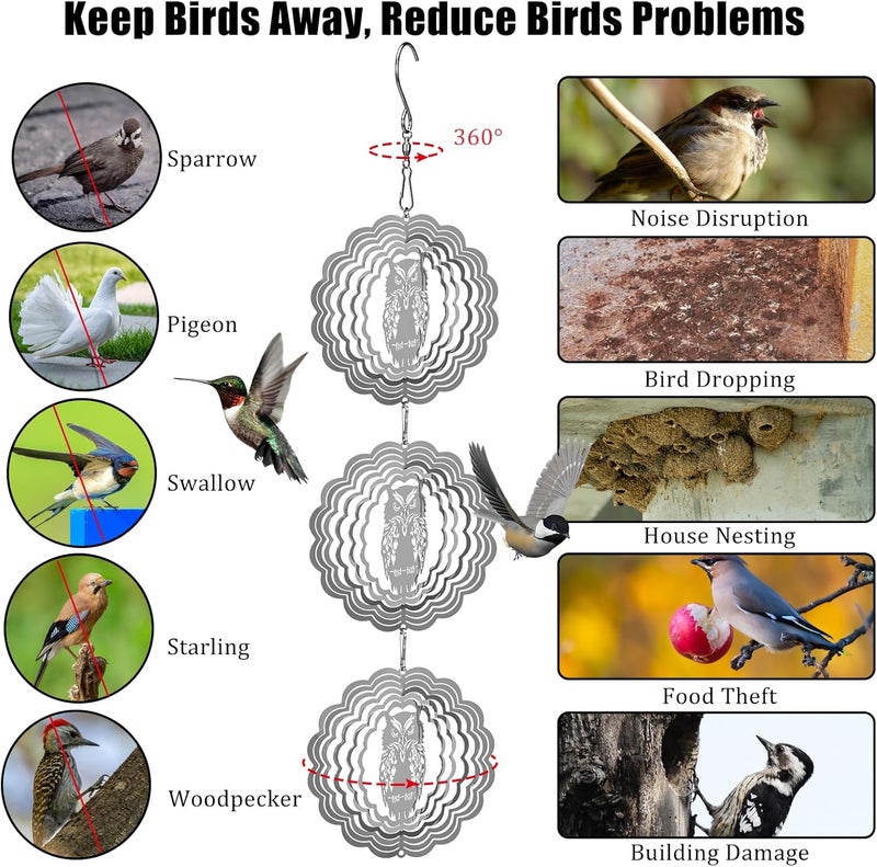 ToBeAce Owl Bird Deterrents for Outside,3D Stainless Steel Wind Spinners Outdoor Decor,Reflective Bird Scare Discs Set,Shiny Bird Reflectors to Keep Woodpecker Pigeon Away from House Patio Yard Porch - Image 3
